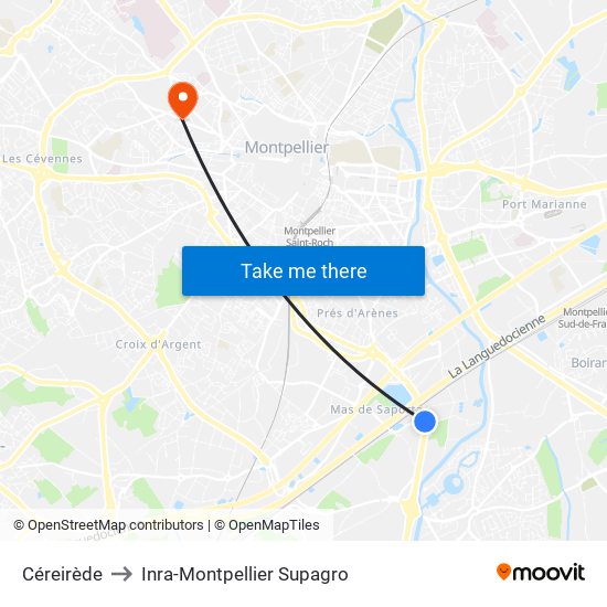 Céreirède to Inra-Montpellier Supagro map