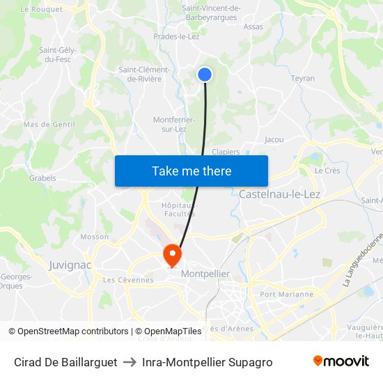 Cirad De Baillarguet to Inra-Montpellier Supagro map