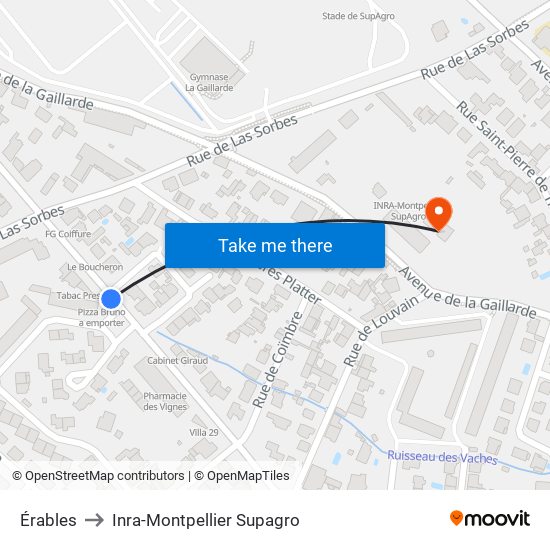 Érables to Inra-Montpellier Supagro map