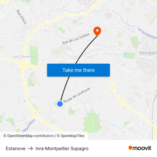 Estanove to Inra-Montpellier Supagro map