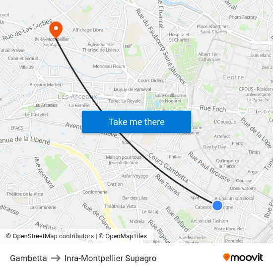 Gambetta to Inra-Montpellier Supagro map