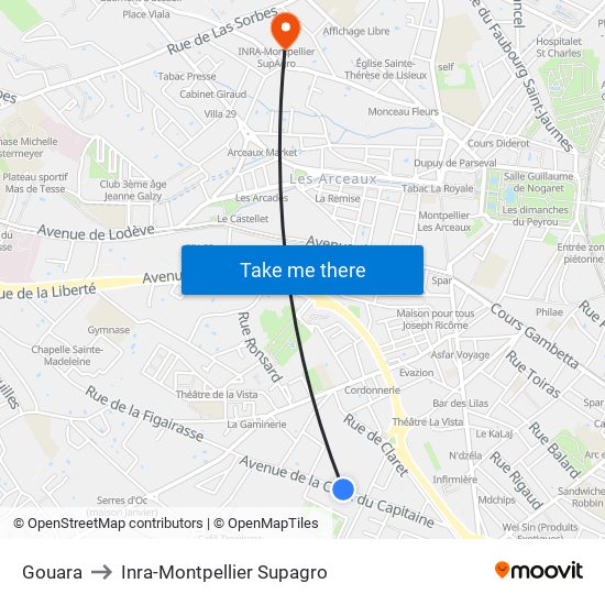 Gouara to Inra-Montpellier Supagro map
