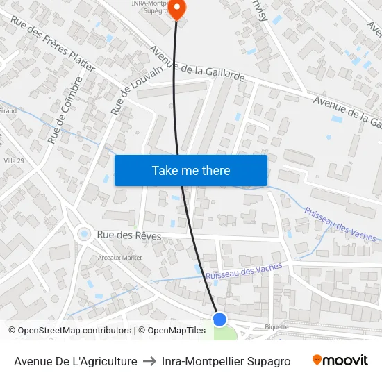 Avenue De L'Agriculture to Inra-Montpellier Supagro map