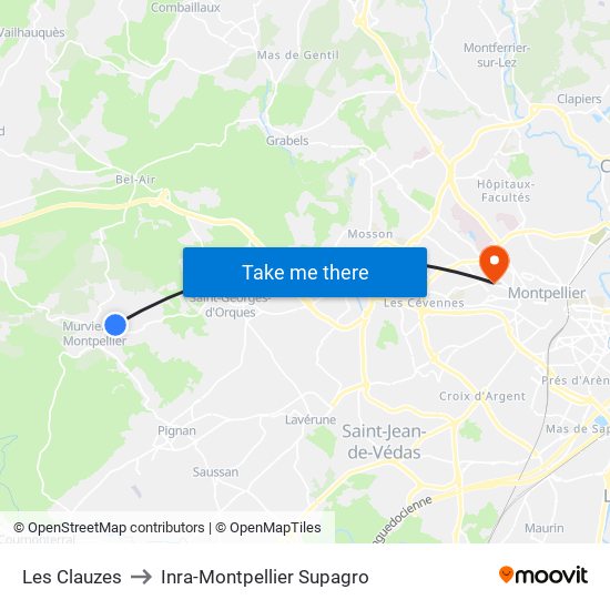 Les Clauzes to Inra-Montpellier Supagro map