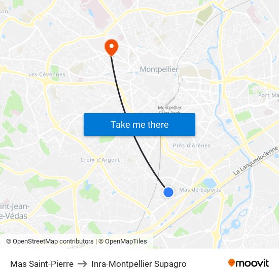 Mas Saint-Pierre to Inra-Montpellier Supagro map