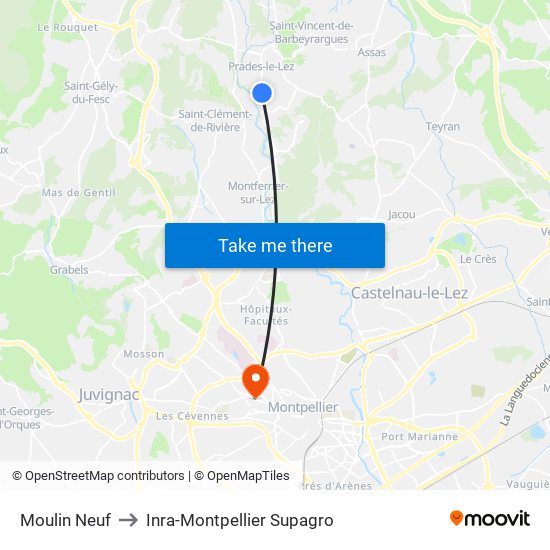 Moulin Neuf to Inra-Montpellier Supagro map