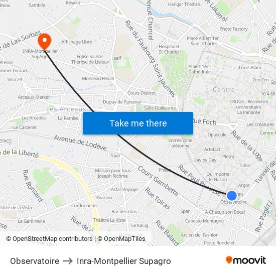 Observatoire to Inra-Montpellier Supagro map