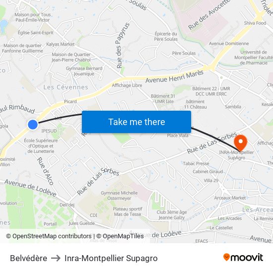 Belvédère to Inra-Montpellier Supagro map