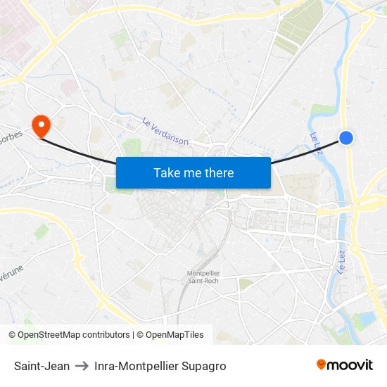 Saint-Jean to Inra-Montpellier Supagro map