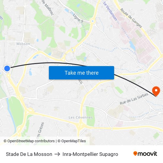 Stade De La Mosson to Inra-Montpellier Supagro map