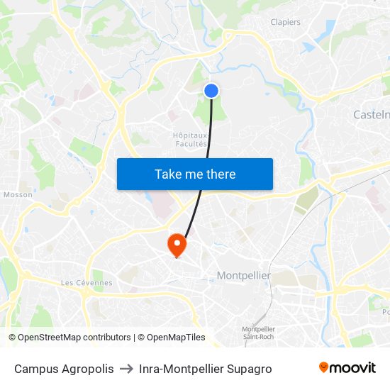 Campus Agropolis to Inra-Montpellier Supagro map