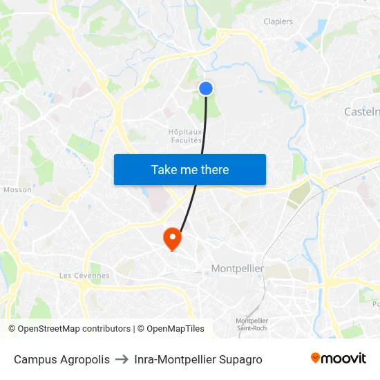 Campus Agropolis to Inra-Montpellier Supagro map