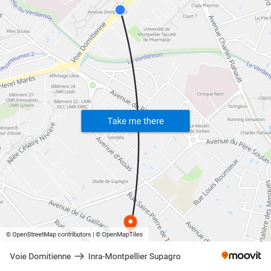 Voie Domitienne to Inra-Montpellier Supagro map