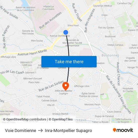 Voie Domitienne to Inra-Montpellier Supagro map