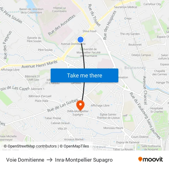 Voie Domitienne to Inra-Montpellier Supagro map
