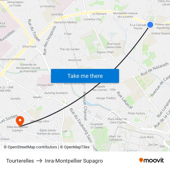 Tourterelles to Inra-Montpellier Supagro map