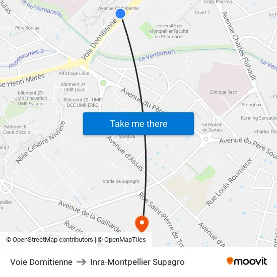 Voie Domitienne to Inra-Montpellier Supagro map