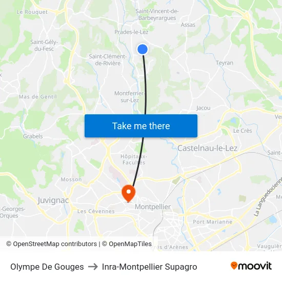 Olympe De Gouges to Inra-Montpellier Supagro map