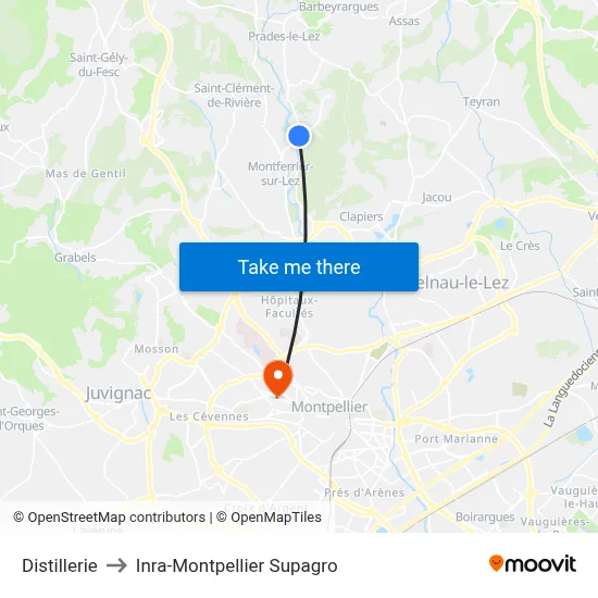 Distillerie to Inra-Montpellier Supagro map