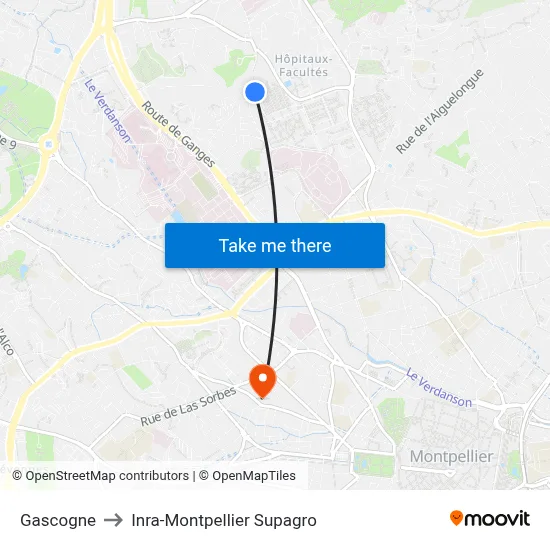 Gascogne to Inra-Montpellier Supagro map
