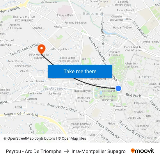 Peyrou - Arc De Triomphe to Inra-Montpellier Supagro map