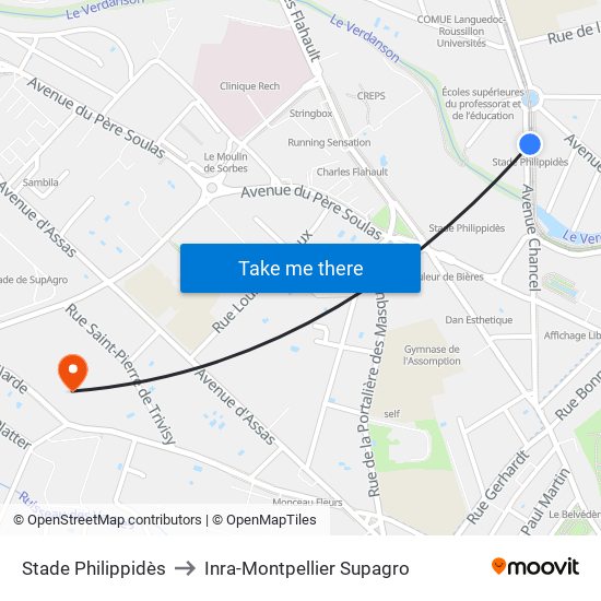 Stade Philippidès to Inra-Montpellier Supagro map