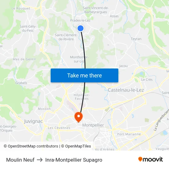 Moulin Neuf to Inra-Montpellier Supagro map