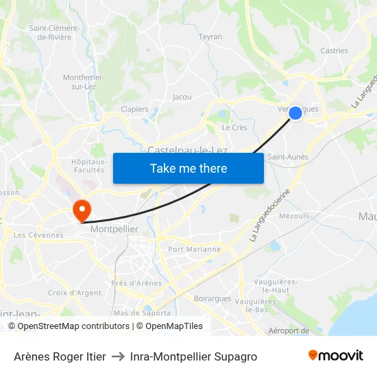 Arènes Roger Itier to Inra-Montpellier Supagro map