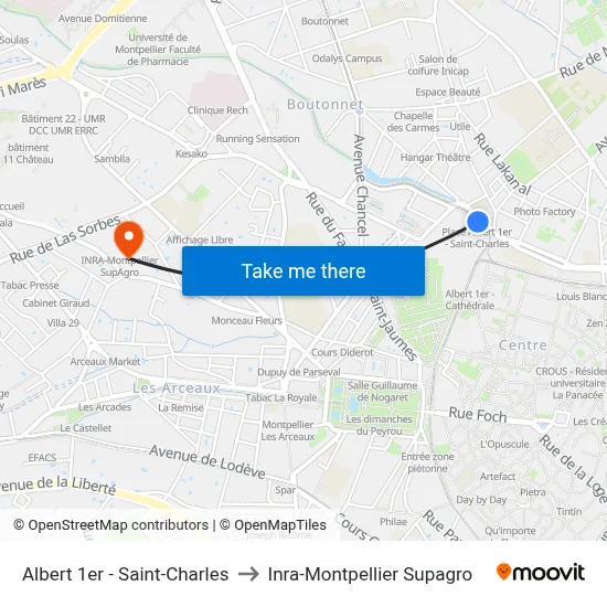 Albert 1er - Saint-Charles to Inra-Montpellier Supagro map