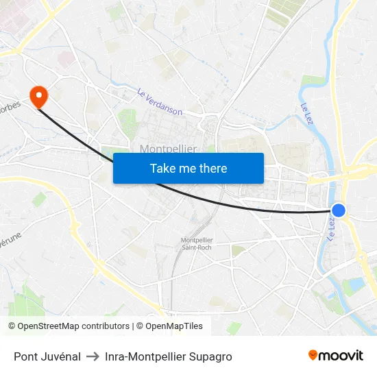 Pont Juvénal to Inra-Montpellier Supagro map