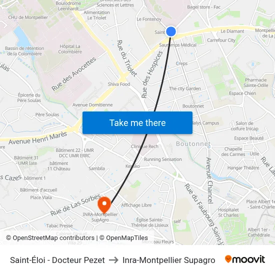 Saint-Éloi - Docteur Pezet to Inra-Montpellier Supagro map