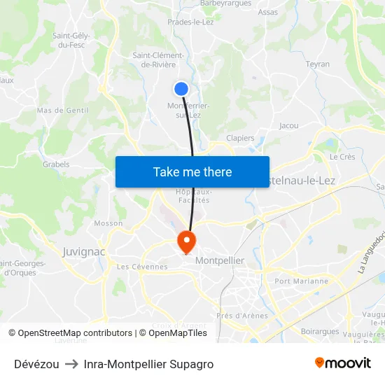 Dévézou to Inra-Montpellier Supagro map