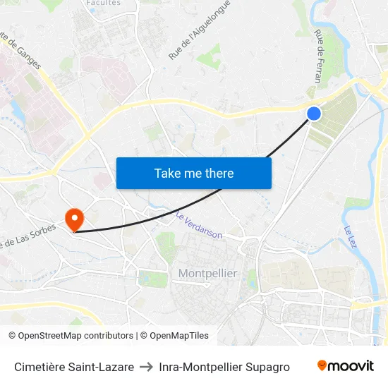 Cimetière Saint-Lazare to Inra-Montpellier Supagro map