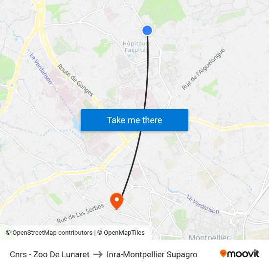 Cnrs - Zoo De Lunaret to Inra-Montpellier Supagro map