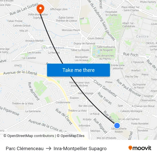 Parc Clémenceau to Inra-Montpellier Supagro map