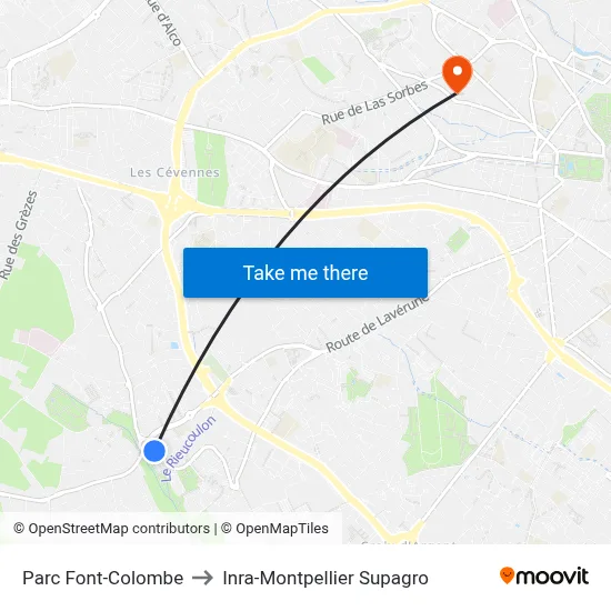 Parc Font-Colombe to Inra-Montpellier Supagro map