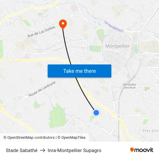 Stade Sabathé to Inra-Montpellier Supagro map