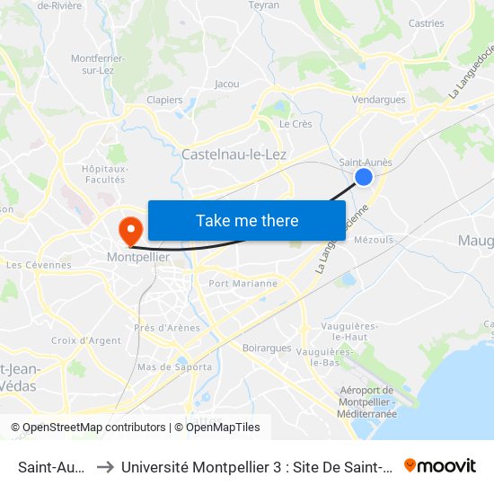 Saint-Aunès to Université Montpellier 3 : Site De Saint-Charles map