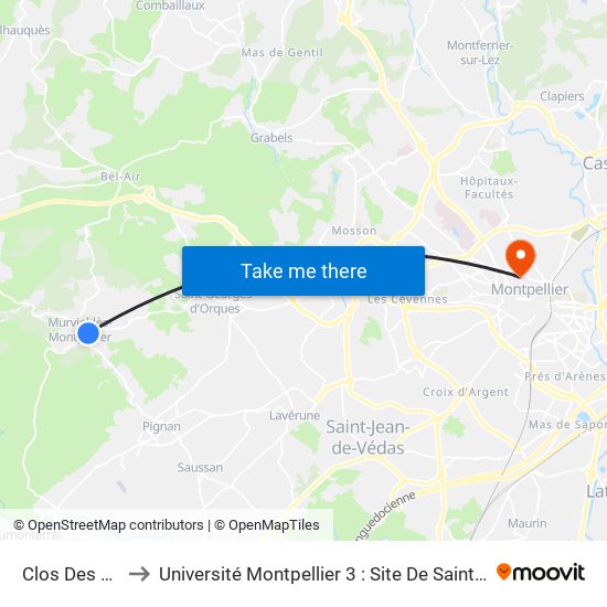 Clos Des Pins to Université Montpellier 3 : Site De Saint-Charles map