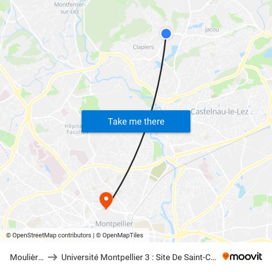 Moulières to Université Montpellier 3 : Site De Saint-Charles map