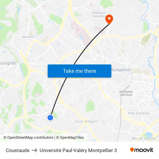 Coustaude to Université Paul-Valéry Montpellier 3 map