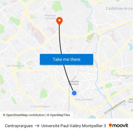 Centrayrargues to Université Paul-Valéry Montpellier 3 map