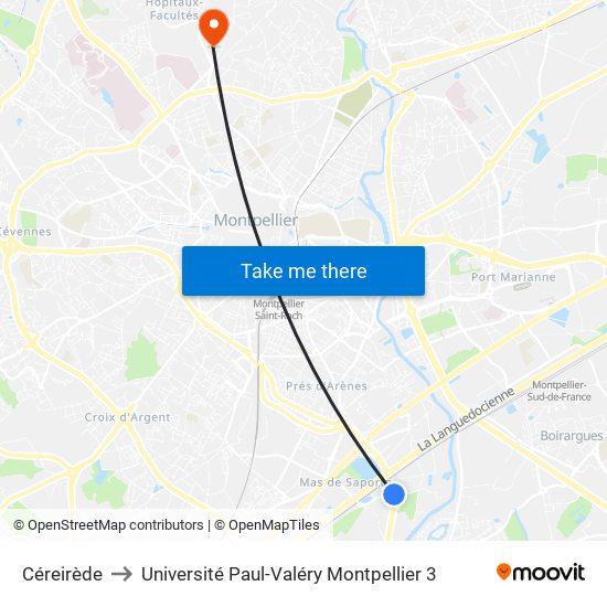 Céreirède to Université Paul-Valéry Montpellier 3 map