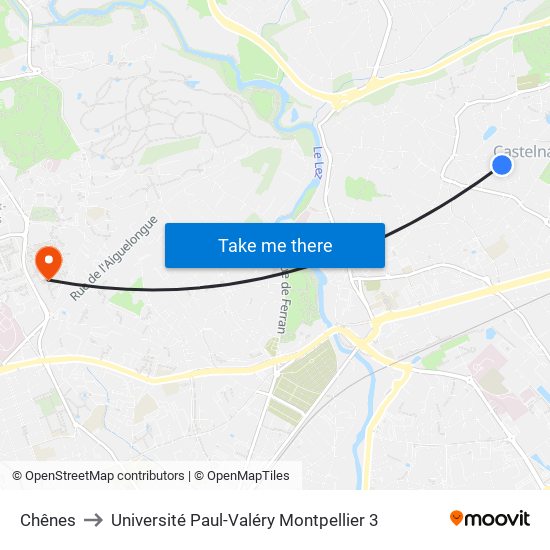 Chênes to Université Paul-Valéry Montpellier 3 map