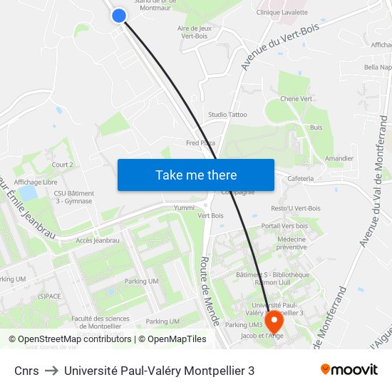 Cnrs to Université Paul-Valéry Montpellier 3 map