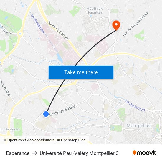 Espérance to Université Paul-Valéry Montpellier 3 map