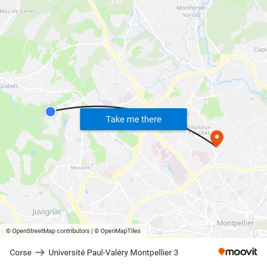 Corse to Université Paul-Valéry Montpellier 3 map