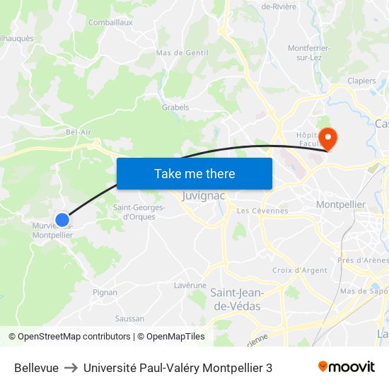 Bellevue to Université Paul-Valéry Montpellier 3 map