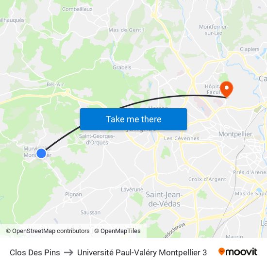 Clos Des Pins to Université Paul-Valéry Montpellier 3 map