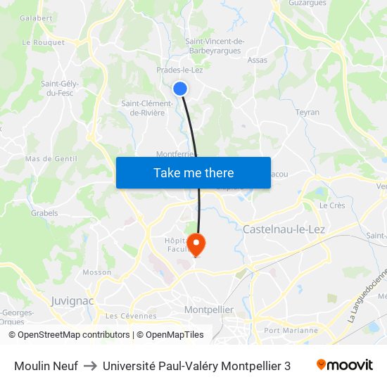 Moulin Neuf to Université Paul-Valéry Montpellier 3 map